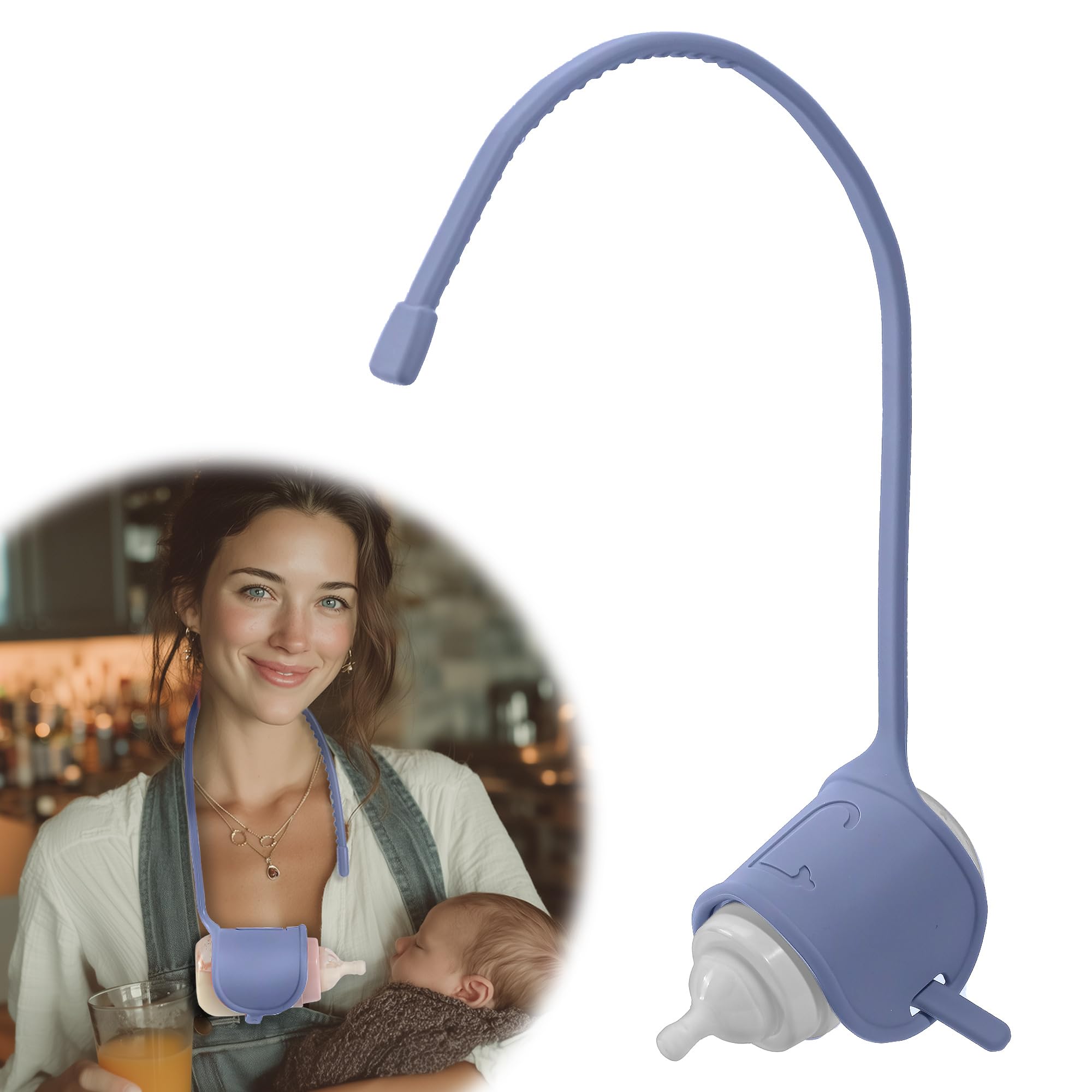 Canela Cane adjustable baby bottle holder in blue helps secure bottles during feeding.