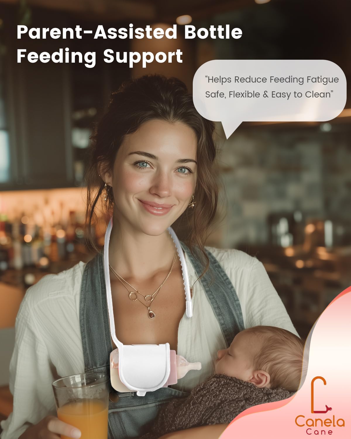 Canela Cane bottle support angle adjustment demonstrates customizable comfort during feeding.