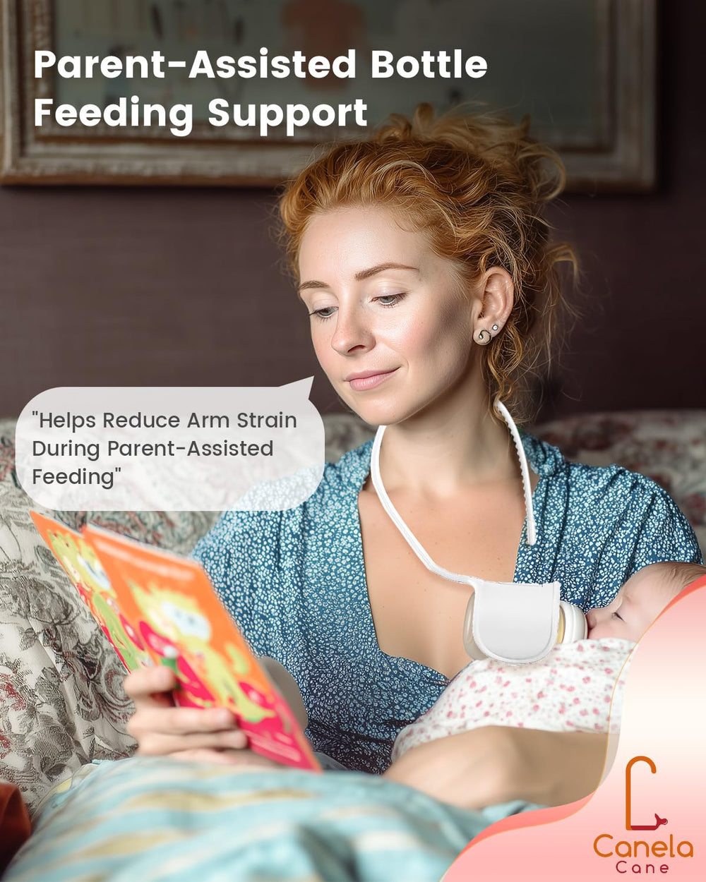 Canela Cane non-slip silicone-grip image highlights secure bottle handling during feeding.