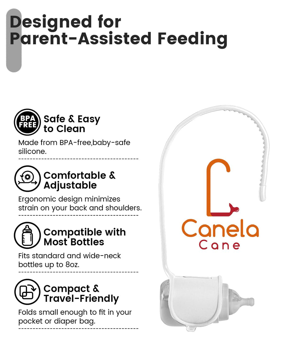 Canela Cane standard-wide neck compatibility image emphasizes versatile bottle fits up to 8 oz.