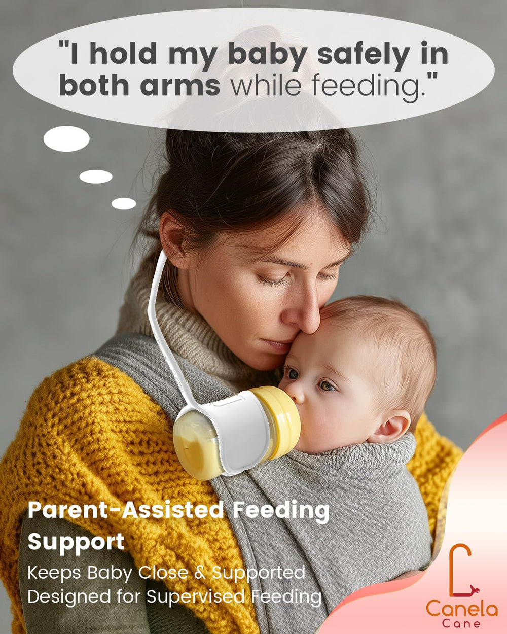 Canela Cane white design showcases a clean, lightweight feeding aid for modern nurseries.