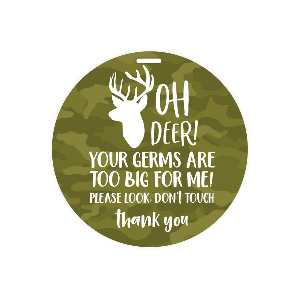 Canopy Street camo deer stop tag on car seat reminding others to keep hands away.