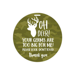 Canopy Street camo deer stop tag on car seat reminding others to keep hands away.