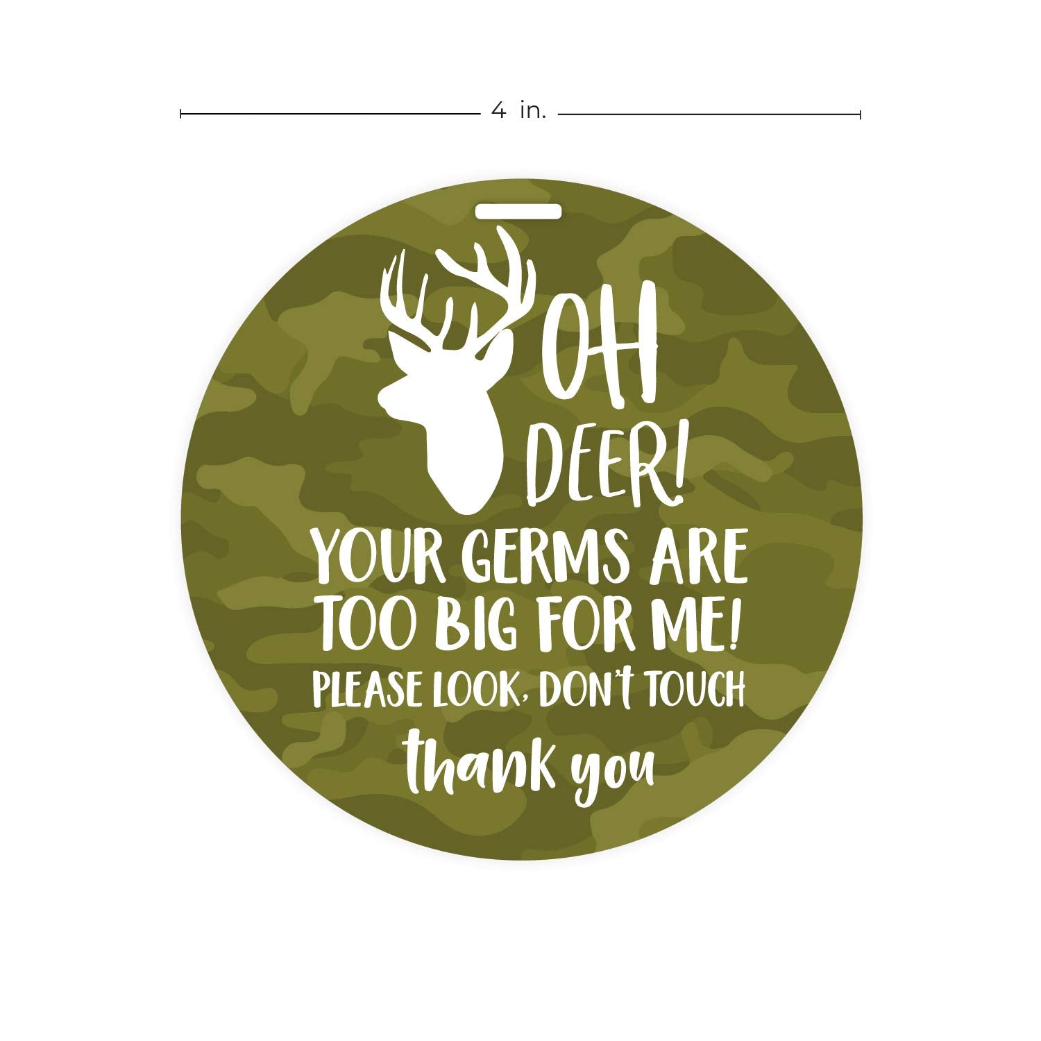 Canopy Street camo deer stop tag close-up showing durable plastic and wipe-clean surface.