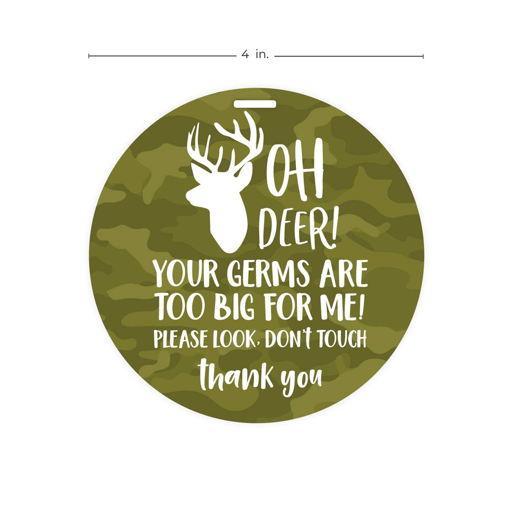 Canopy Street camo deer stop tag close-up showing durable plastic and wipe-clean surface.
