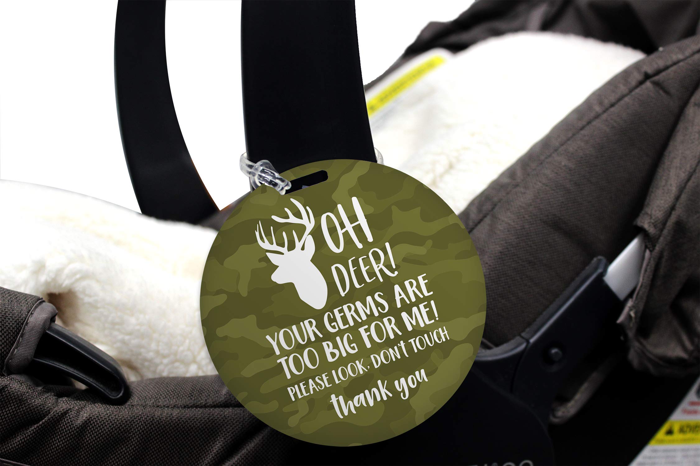 Canopy Street camo deer stop tag with 4-inch diameter for clear visibility.