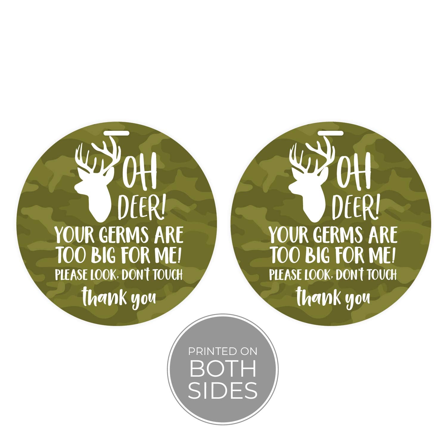 Canopy Street camo deer stop tag strapped to a stroller as a discreet reminder.