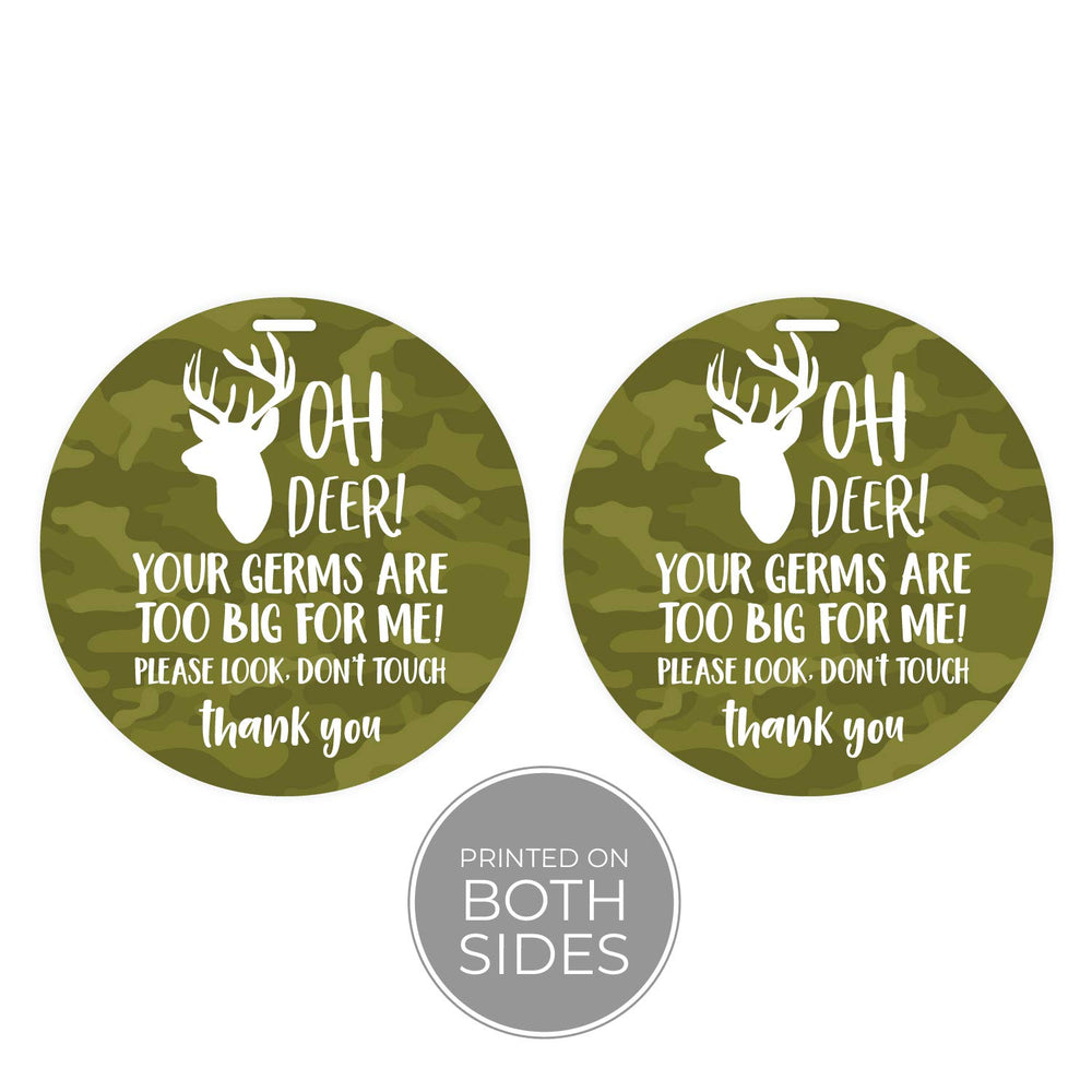 Canopy Street camo deer stop tag strapped to a stroller as a discreet reminder.