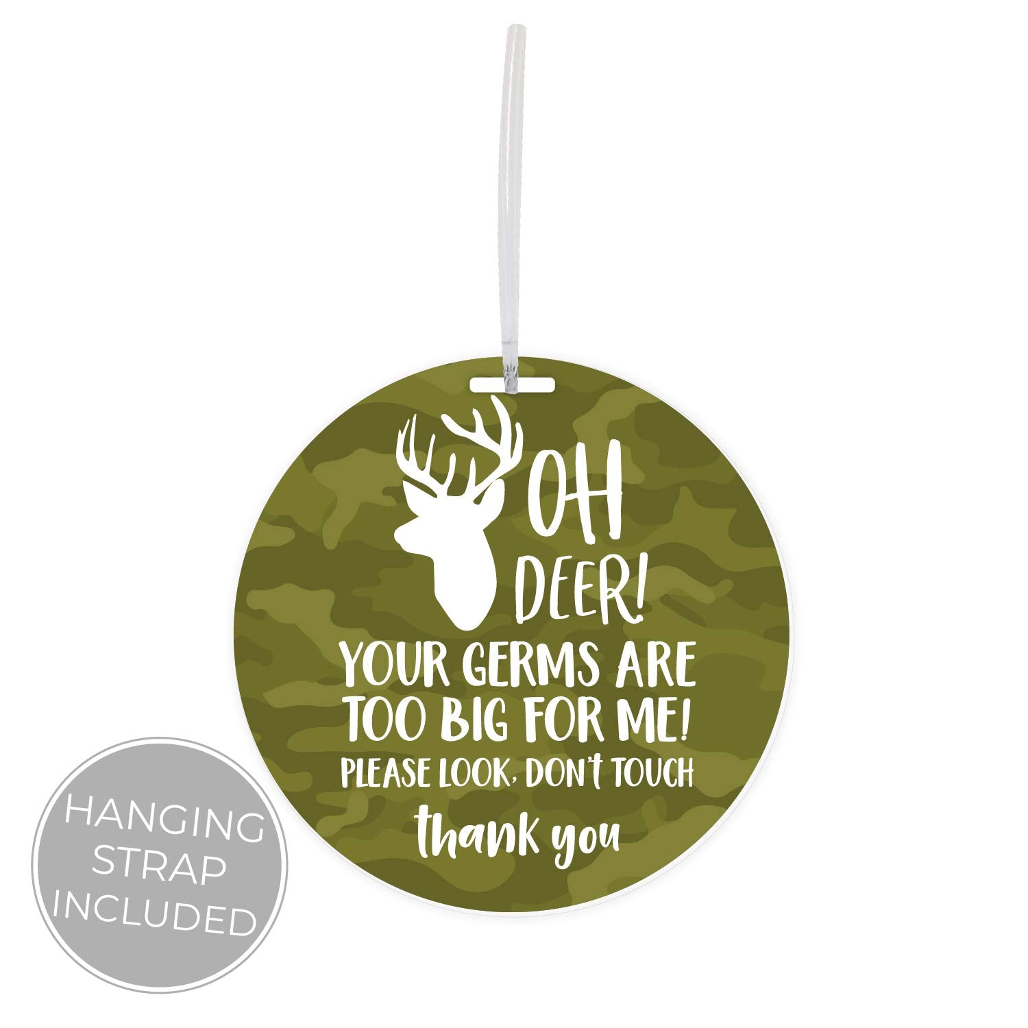 Canopy Street camo deer stop tag attached to stroller for polite safety messaging.