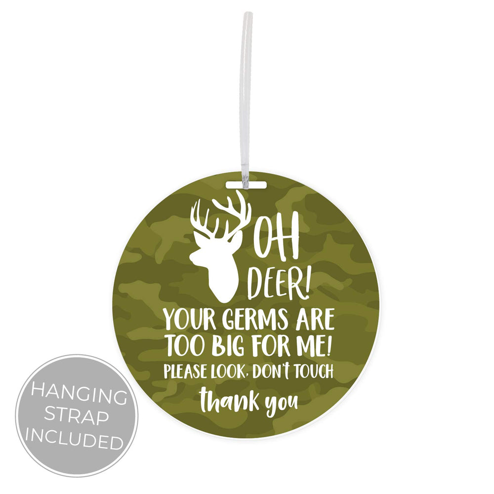 Canopy Street camo deer stop tag attached to stroller for polite safety messaging.