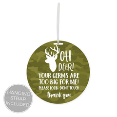 Canopy Street camo deer stop tag attached to stroller for polite safety messaging.