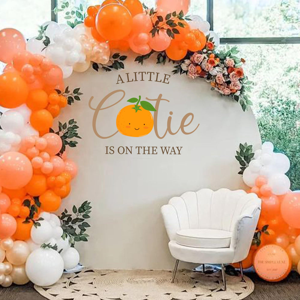 CANTLY A Little Cutie Is On The Way balloon arch sign for orange party decor.
