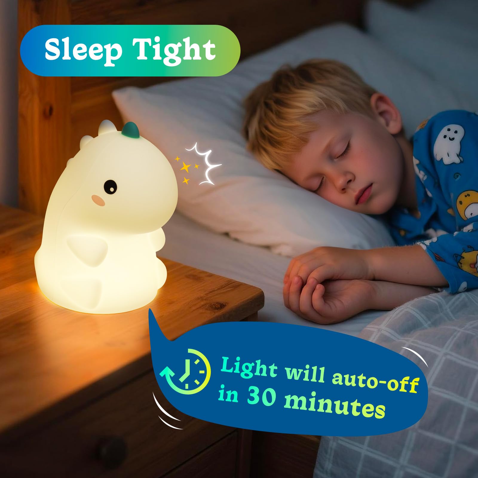 Canvage Dinosaur Night Light with three brightness levels for bedtime routines