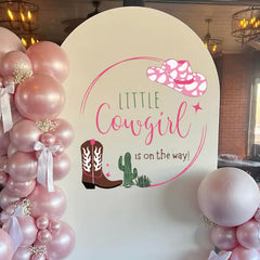 Capiont A Little Cowgirl Is On The Way decal in pink for a gender reveal backdrop