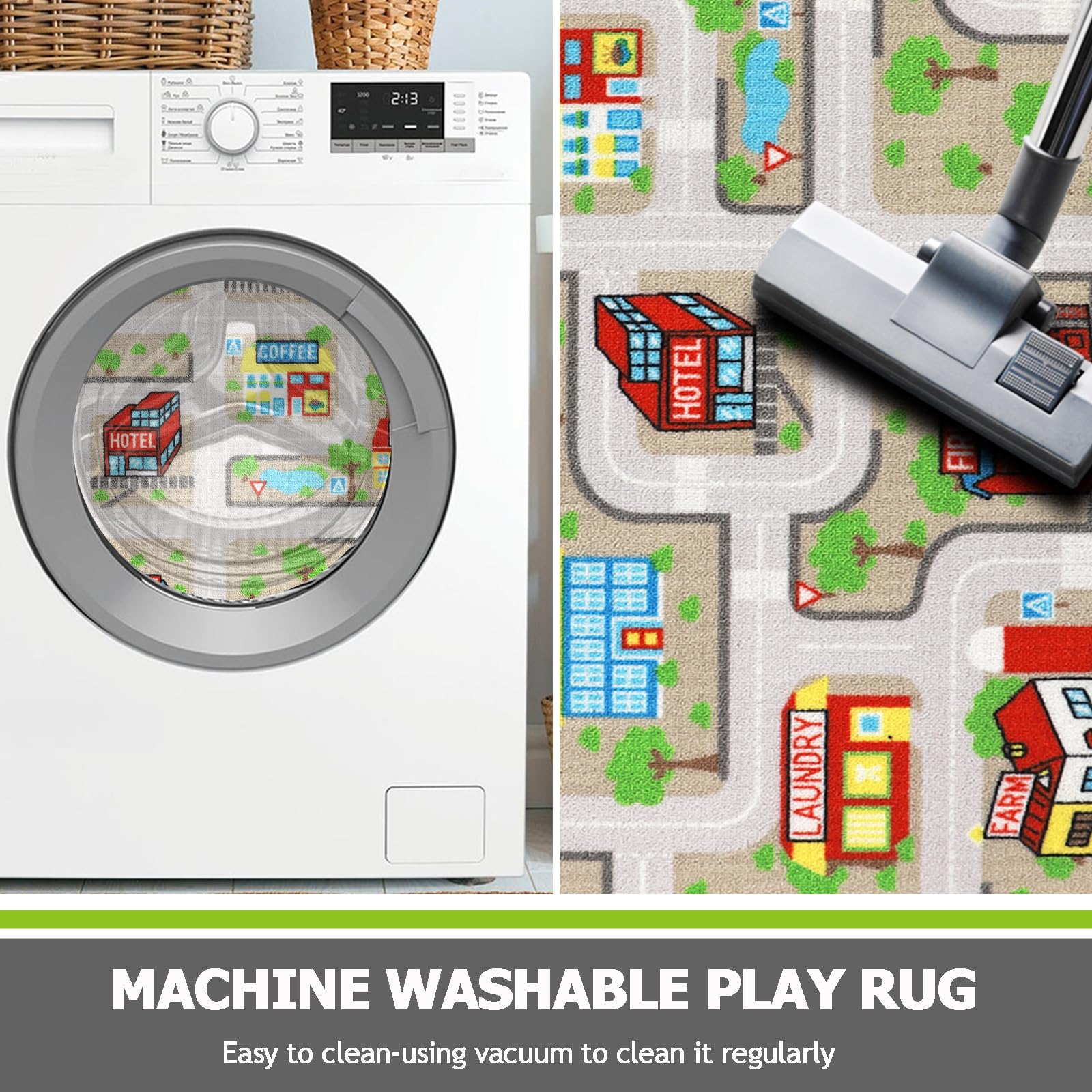 Capslpad machine-washable traffic rug is easy to clean after play.