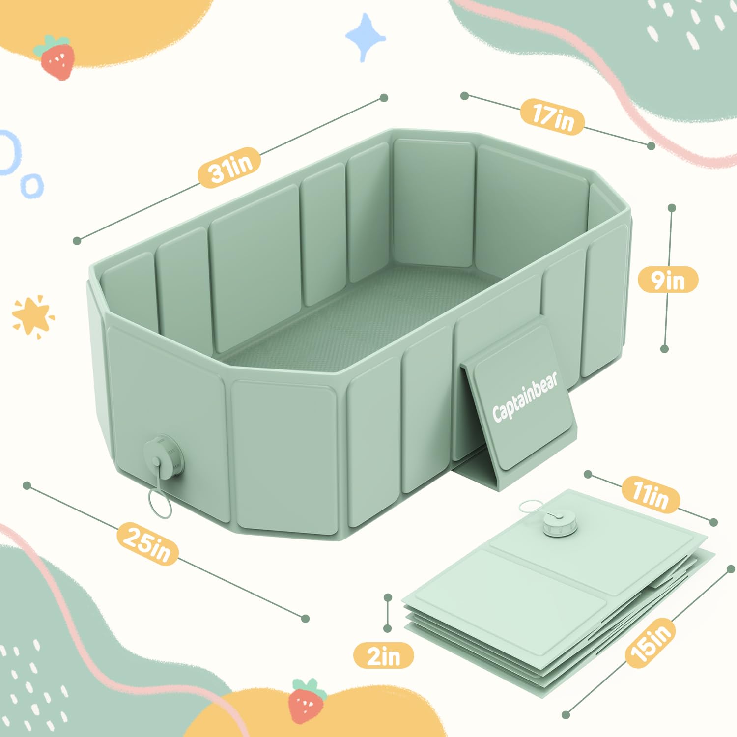 Captainbear baby tub measures 31 inches by 17 inches when open for growing children.