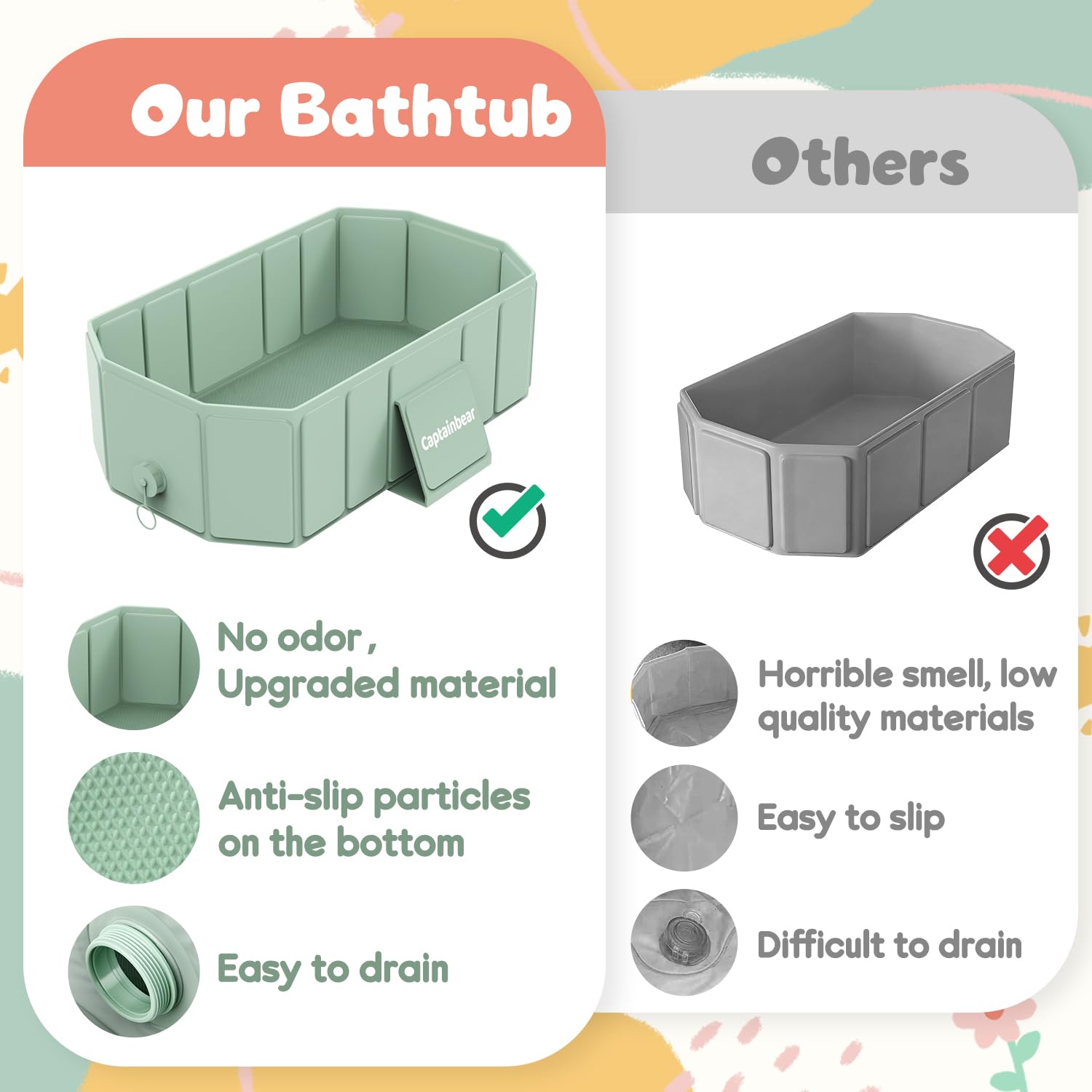 Captainbear tub upgraded-materials durable, odor-free, heat resistant for long use.