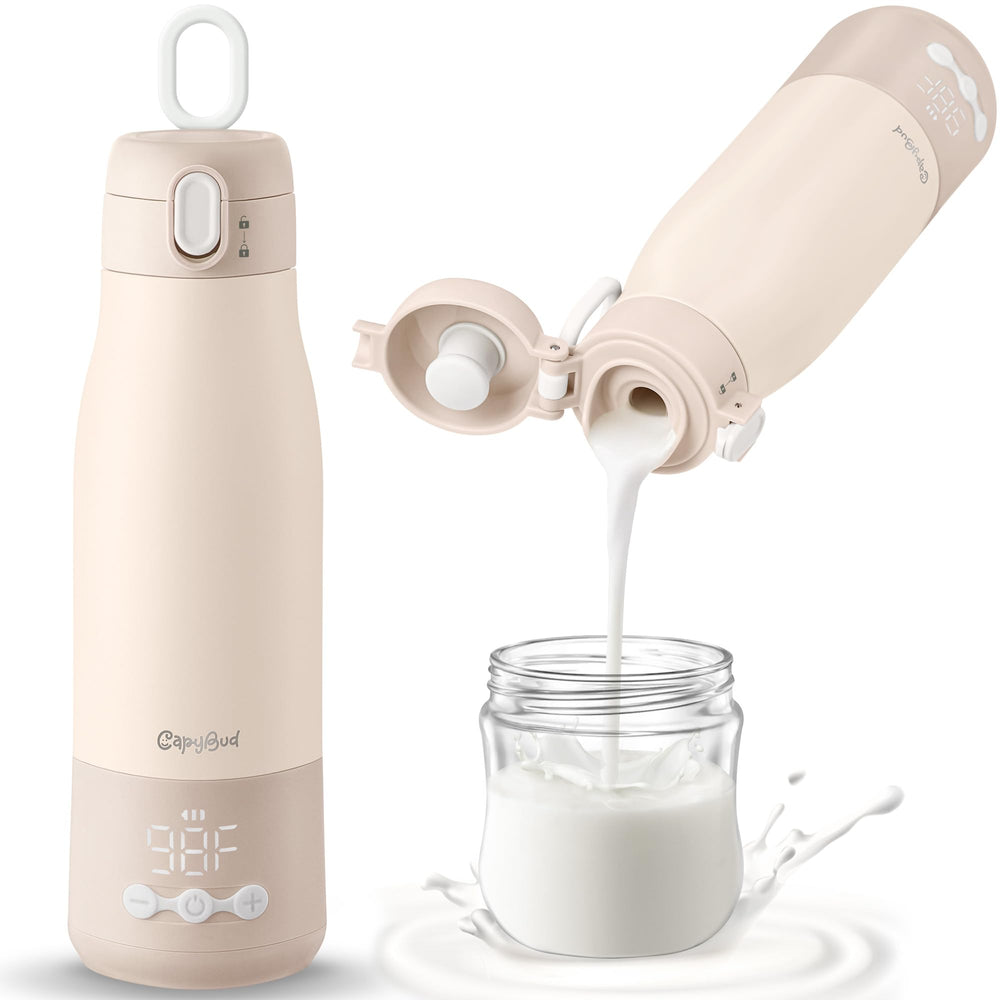 CapyBud portable bottle warmer shows 12 oz capacity for on-the-go feeding.