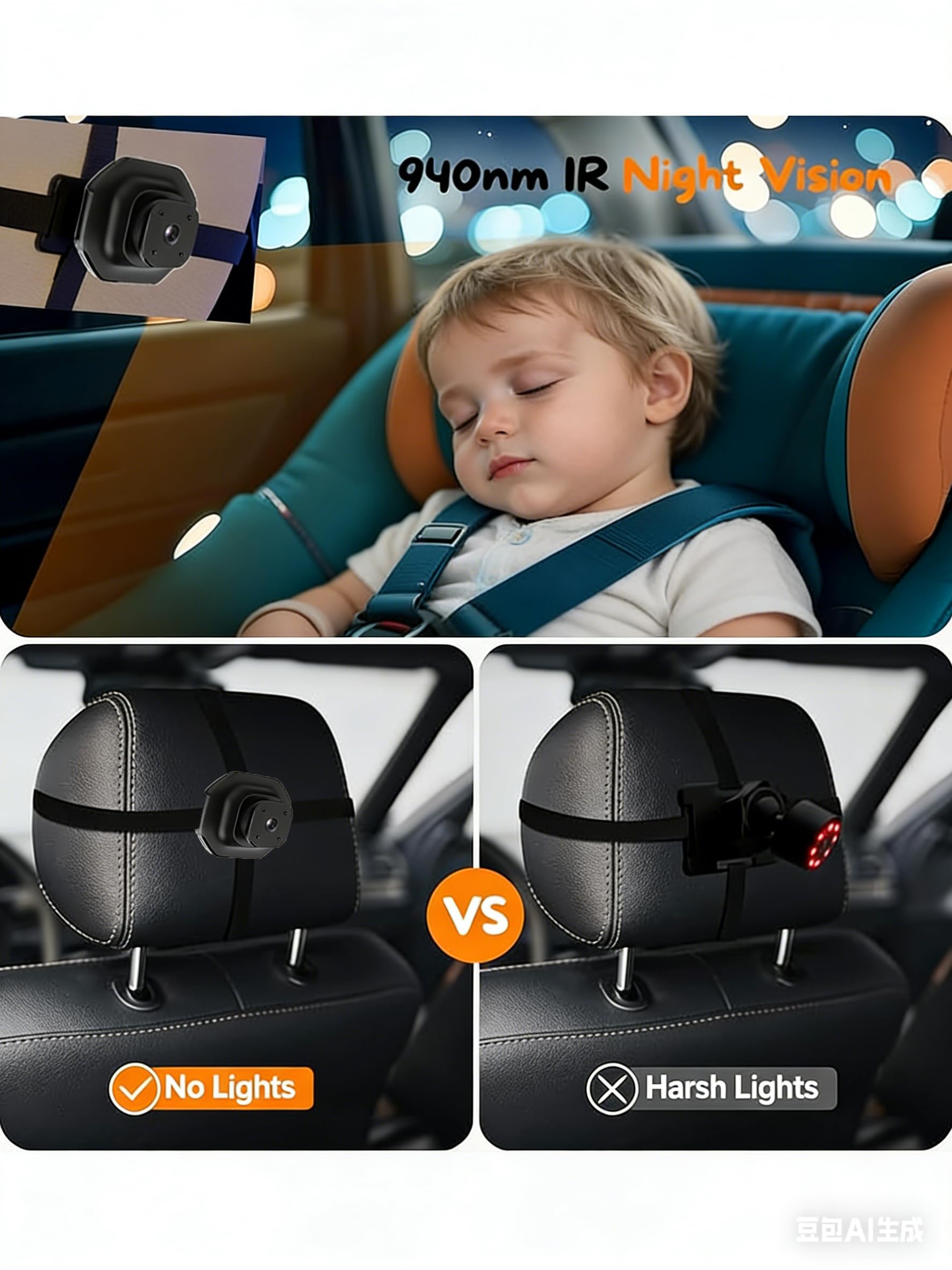 Car Baby Monitor 940nm infrared night vision delivers clearer dark imagery.