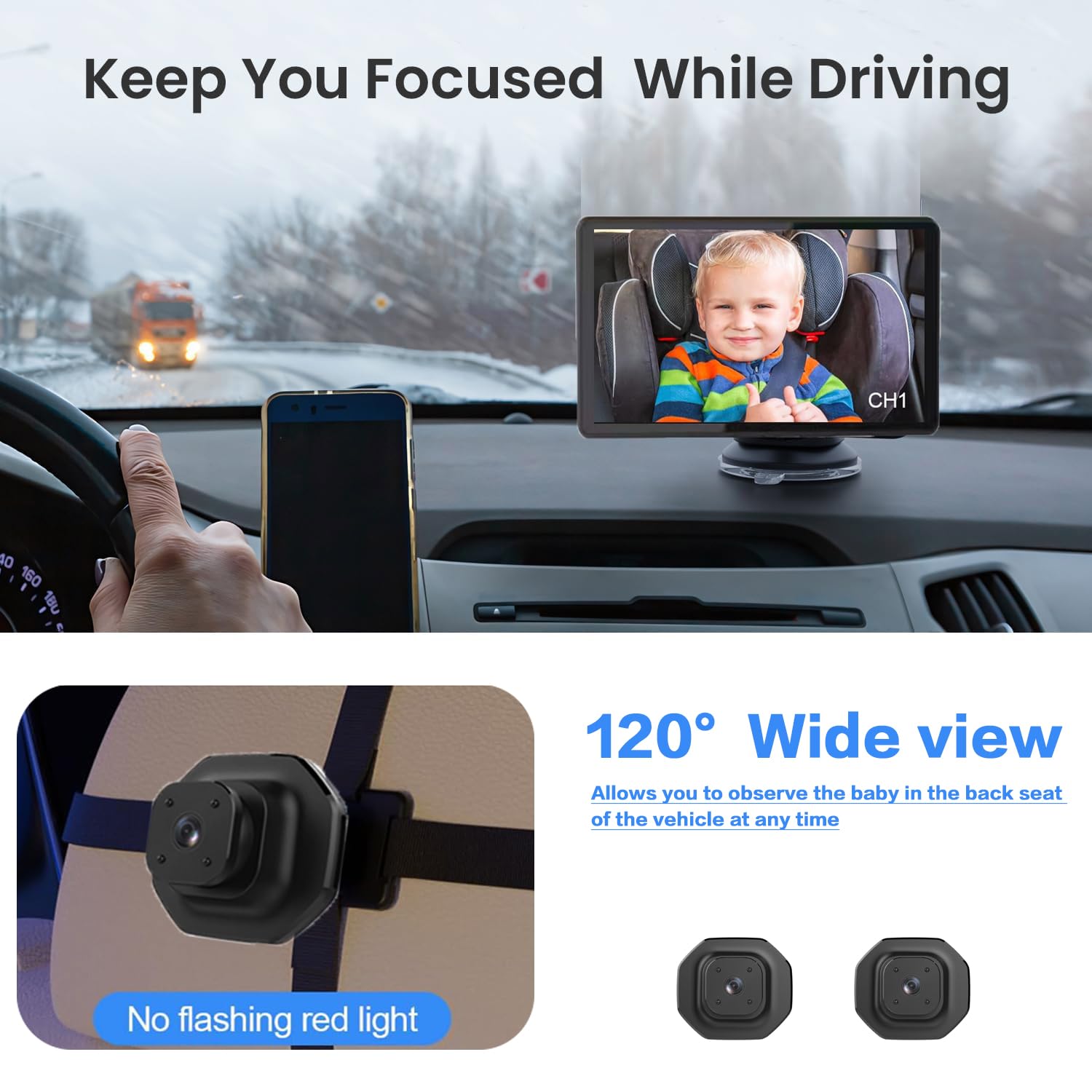 Car Baby Monitor split-screen display shows two feeds at once.