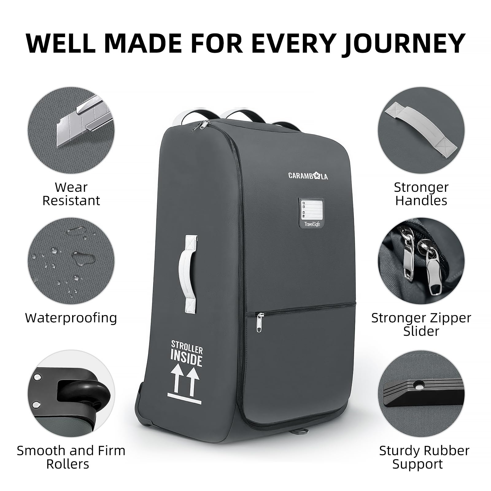 Carambola rolling stroller bag with heavy-duty wheels eases airport navigation.