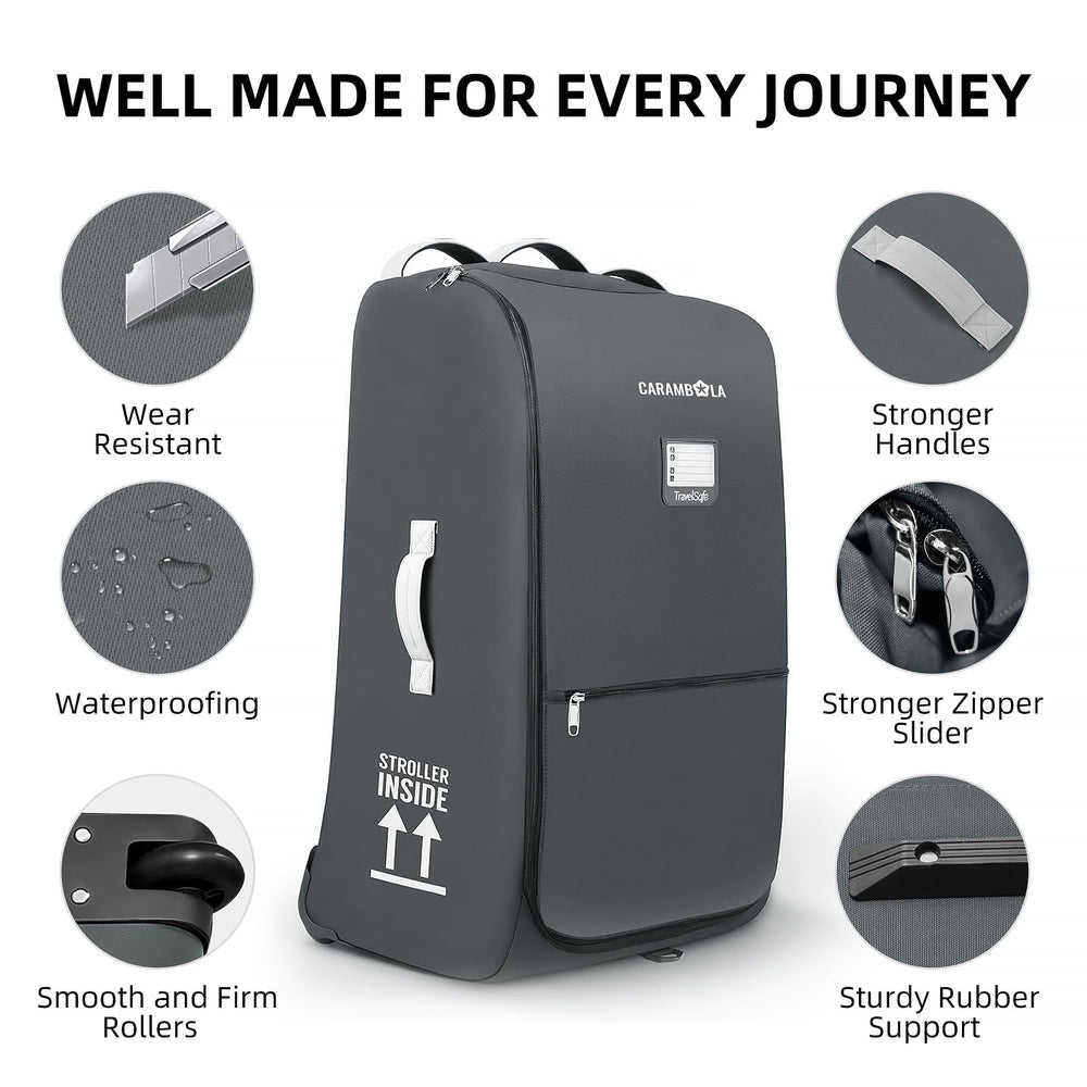 Carambola rolling stroller bag with heavy-duty wheels eases airport navigation.