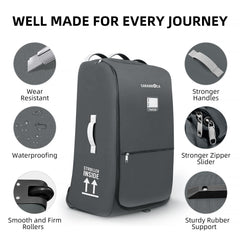Carambola rolling stroller bag with heavy-duty wheels eases airport navigation.