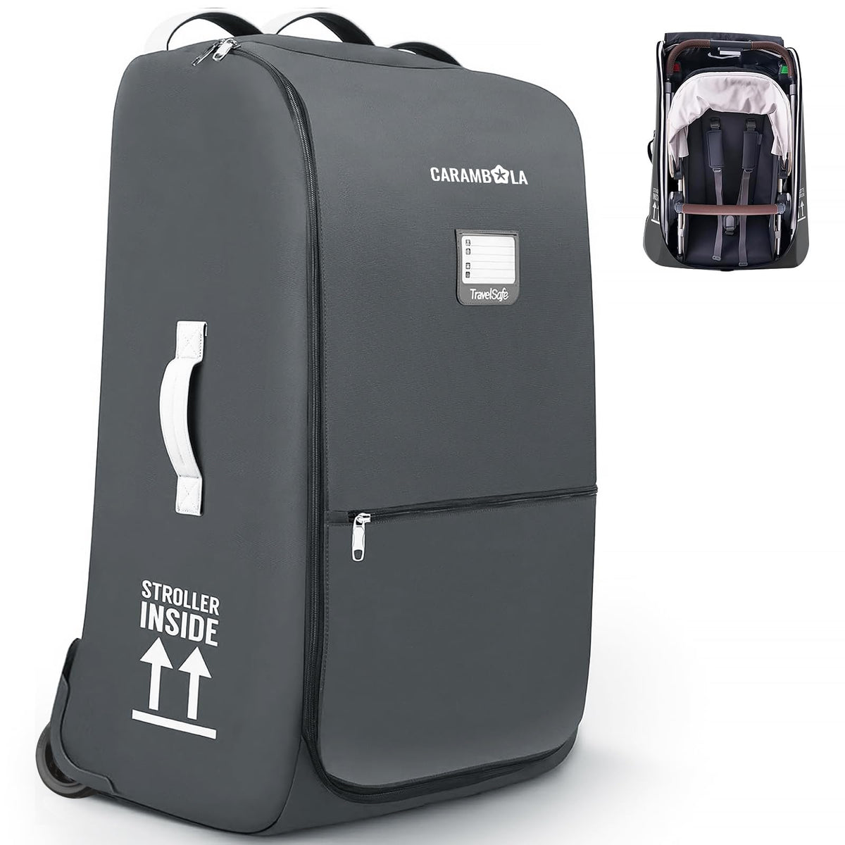 Carambola stroller bag fits UPPAbaby Vista securely, protecting its handlebars and wheels.