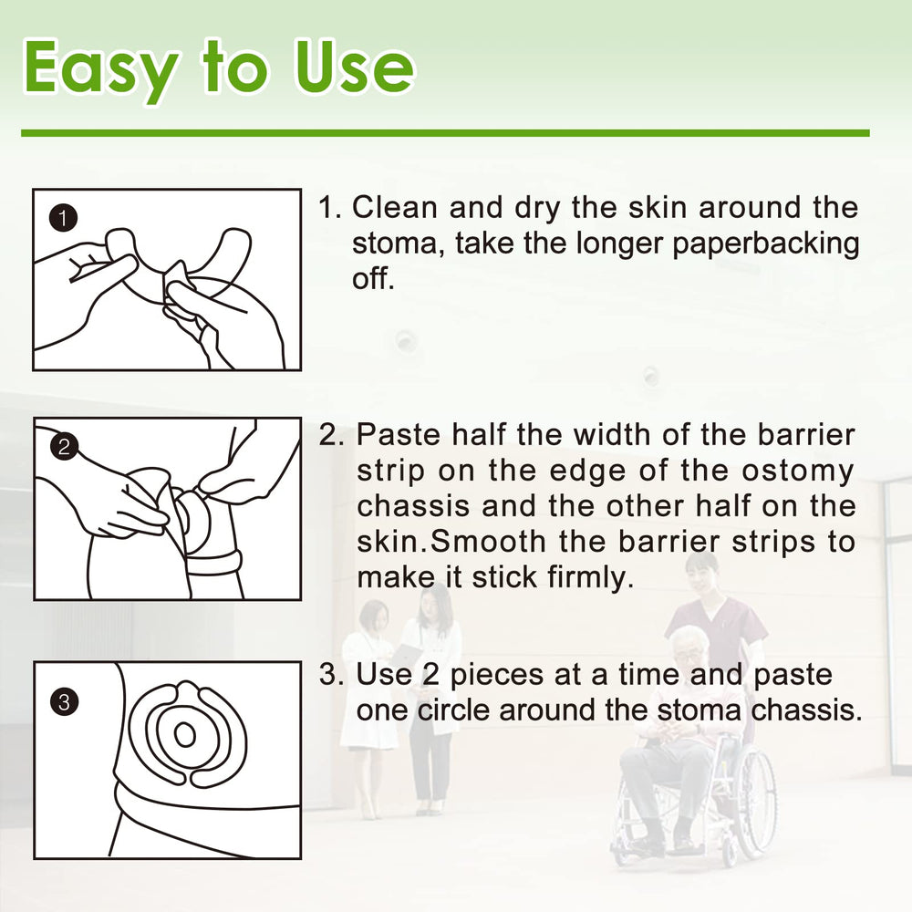 CARBOU ostomy barrier strips applied to skin for a comfortable, reliable seal.