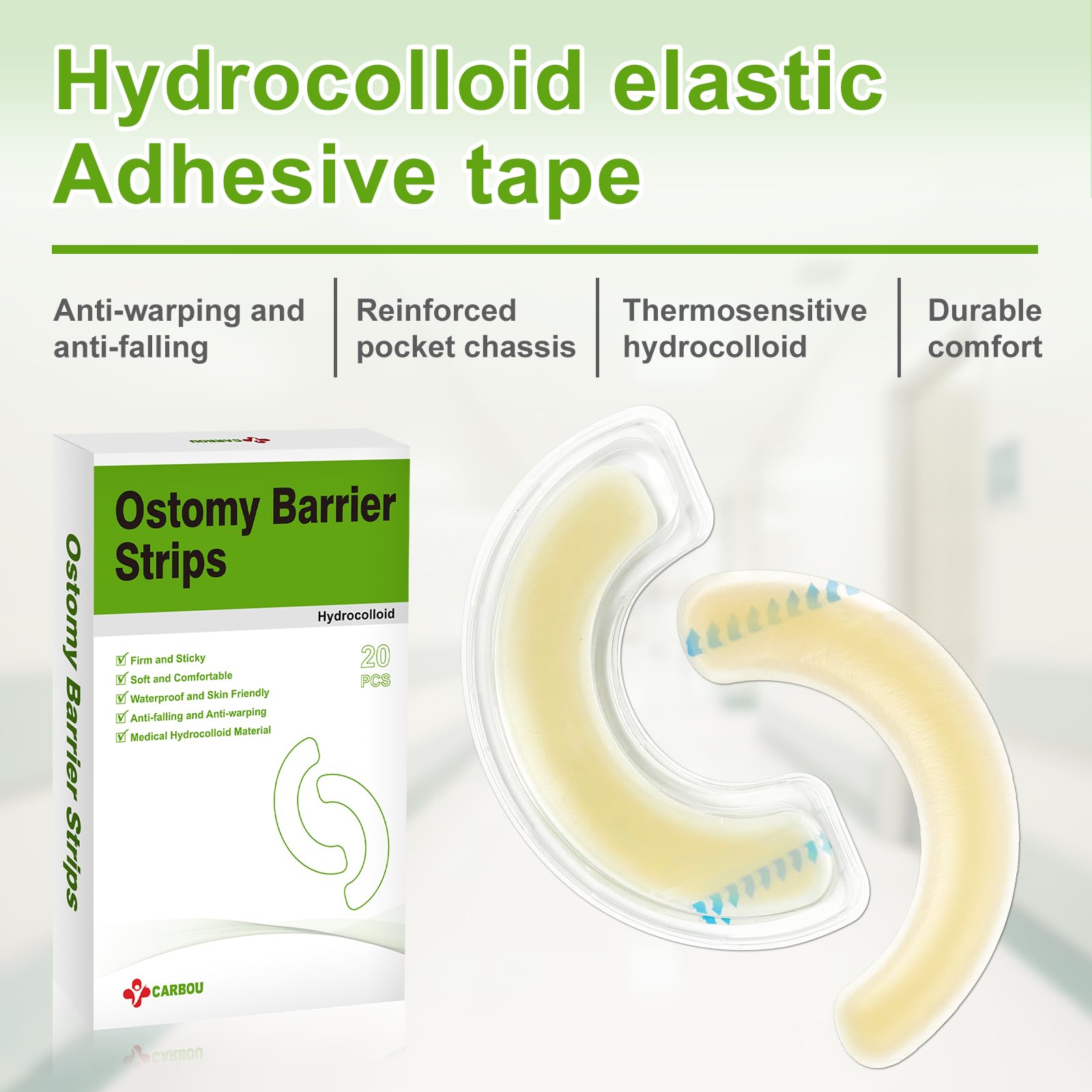 CARBOU ostomy barrier strips packaging detail highlights precut, ready-to-use design for faster application.