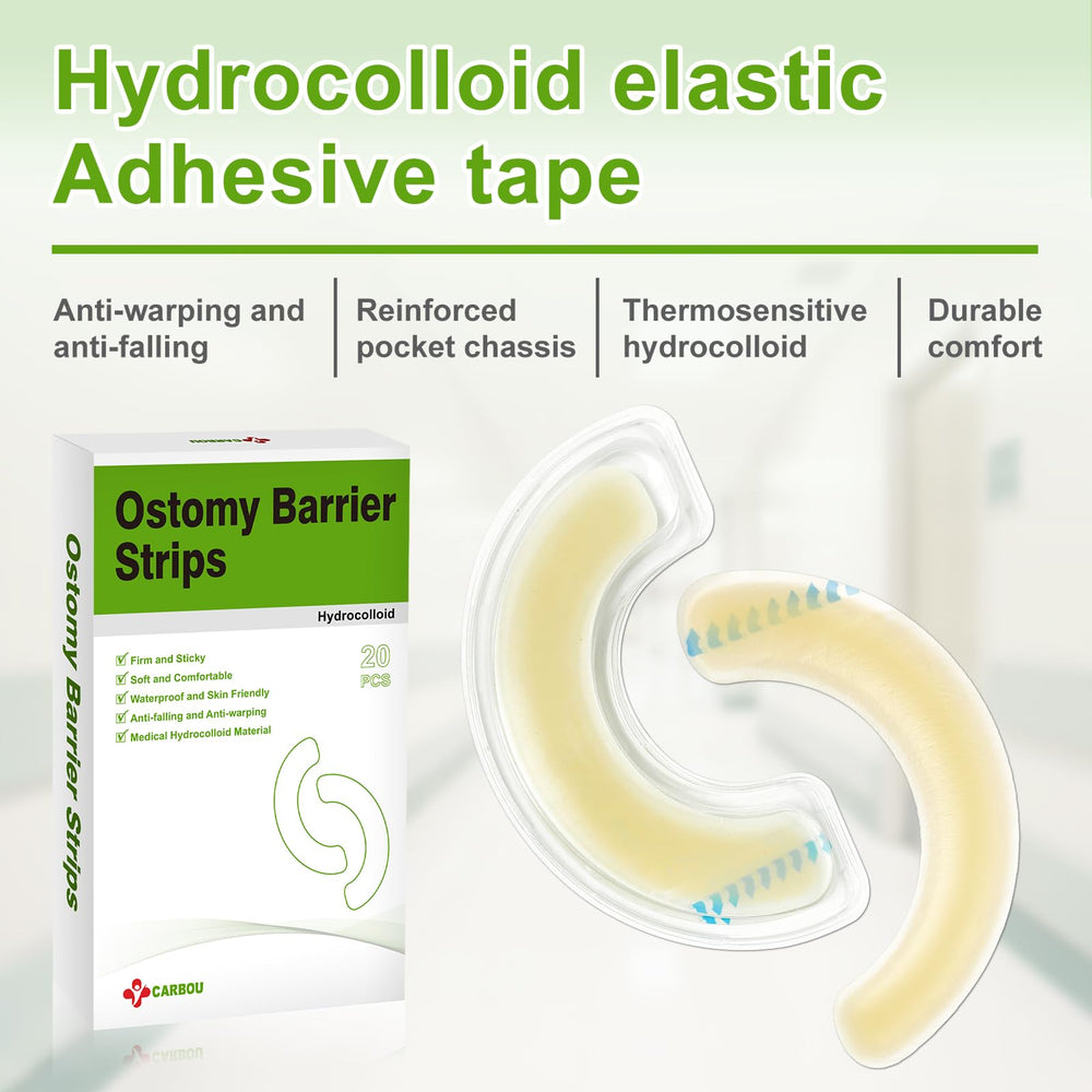CARBOU ostomy barrier strips packaging detail highlights precut, ready-to-use design for faster application.