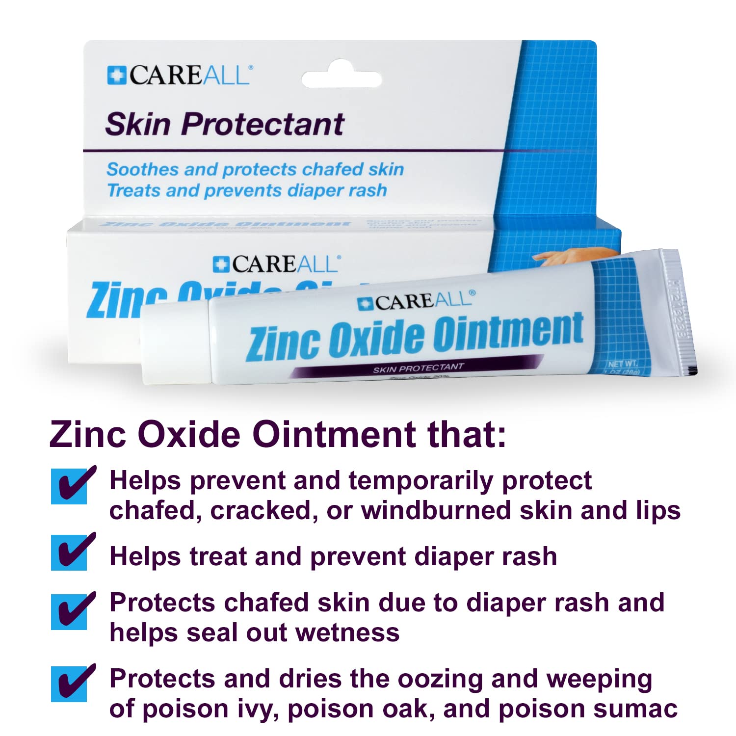CareAll zinc oxide ointment closeup emphasizes creamy texture for quick relief.