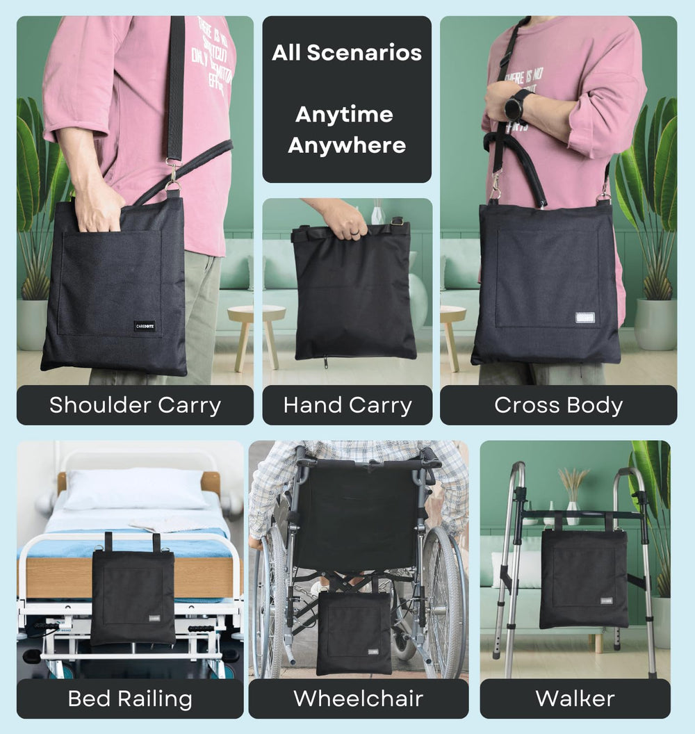 Caredgitz Catheter Bag Holder rear view demonstrates secure attachment to wheelchair or bed rail.