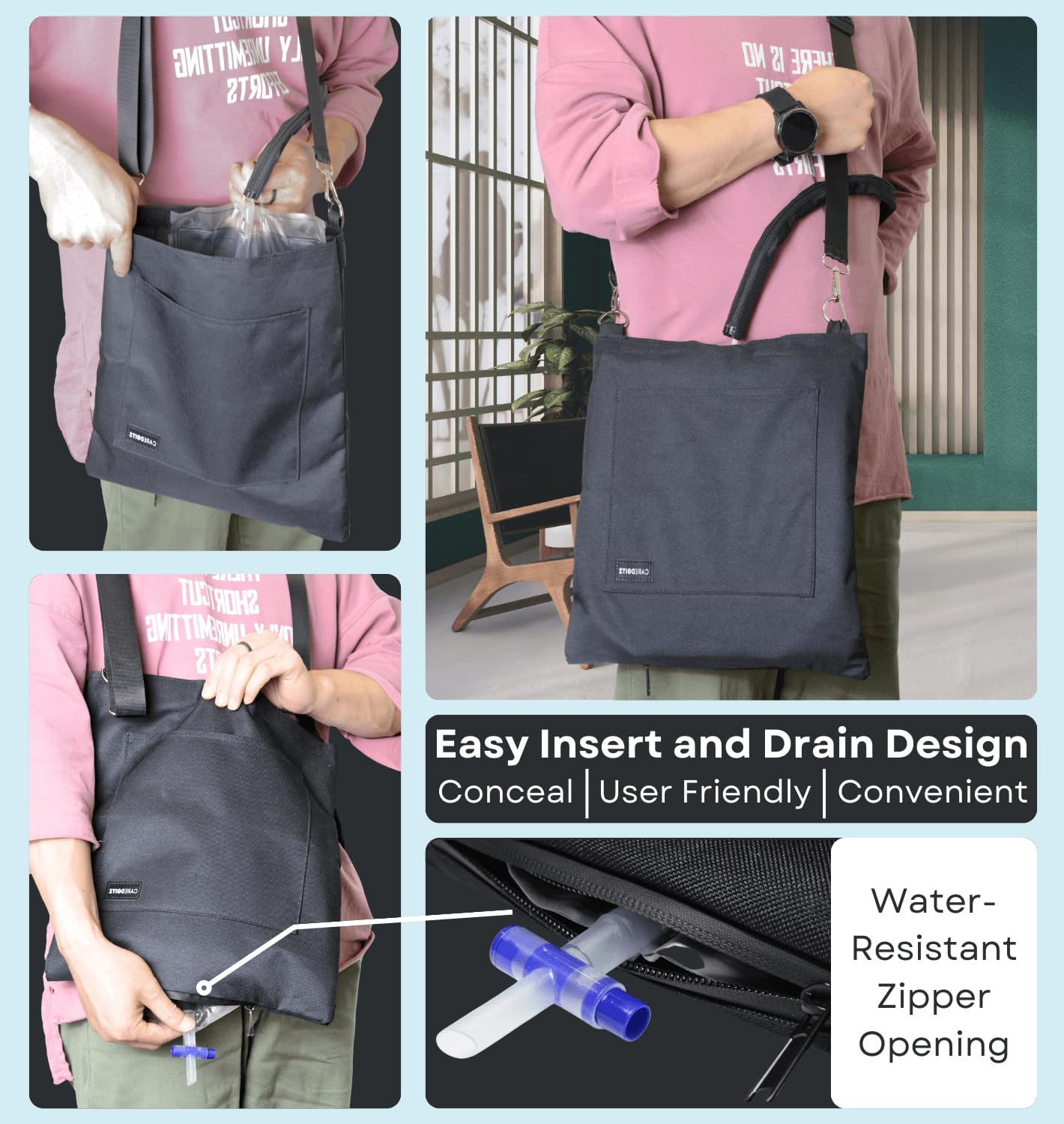 Caredgitz Catheter Bag Holder side view highlights adjustable strap and versatile carrying options.