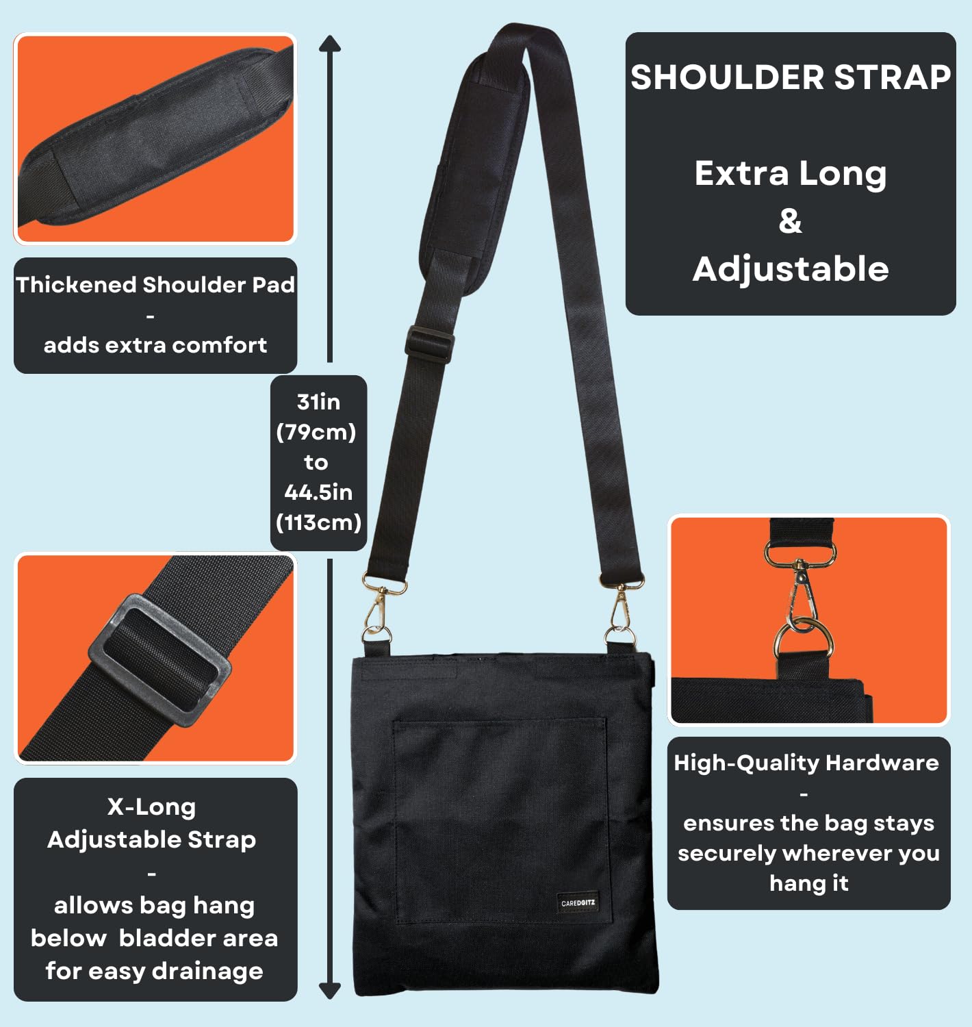 Caredgitz Catheter Bag Holder strap-carry-option allows comfortable over-shoulder use.