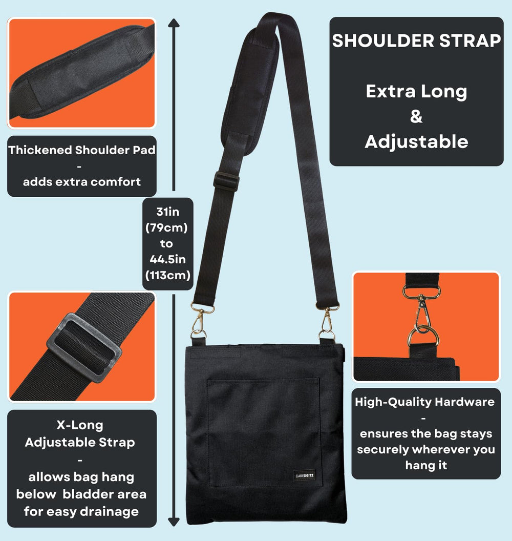 Caredgitz Catheter Bag Holder strap-carry-option allows comfortable over-shoulder use.