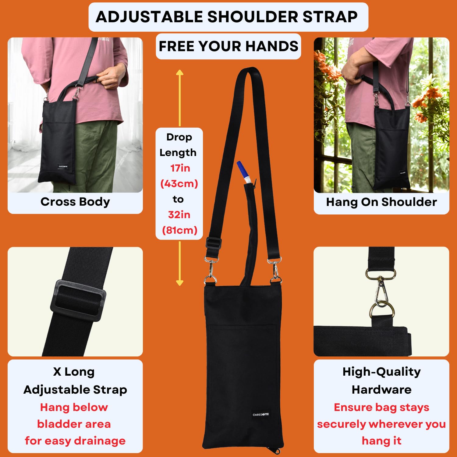 Caredgitz nephrostomy bag cover with shoulder strap for hands-free wear.