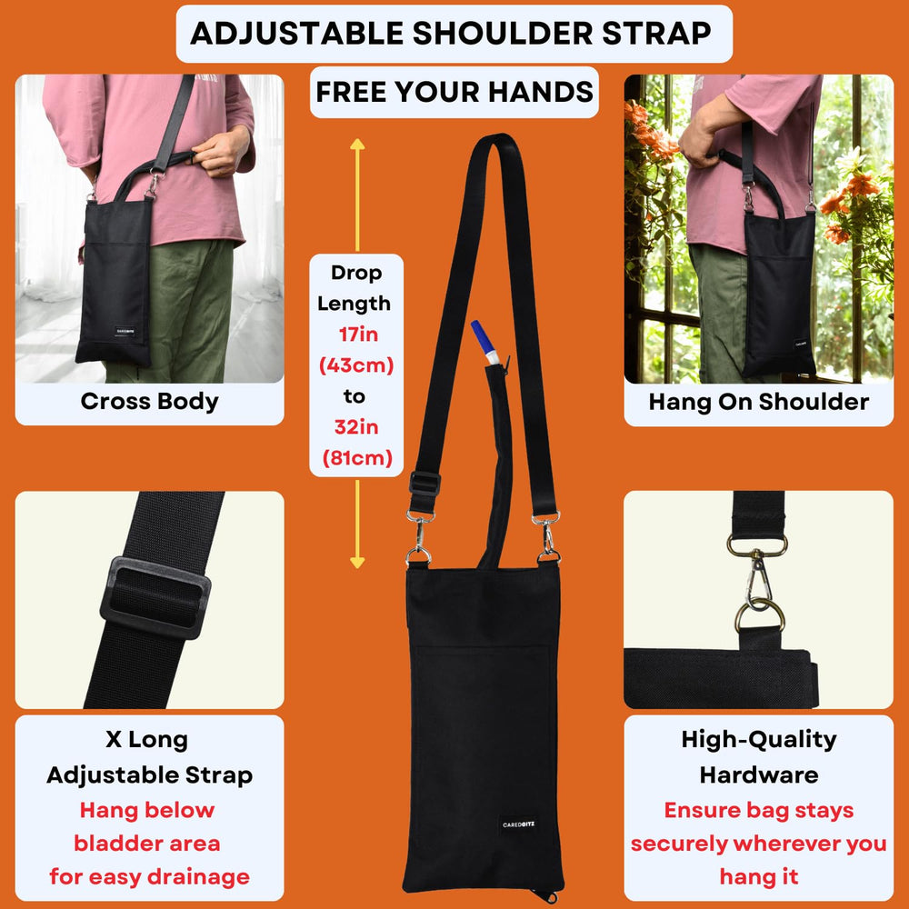 Caredgitz nephrostomy bag cover with shoulder strap for hands-free wear.