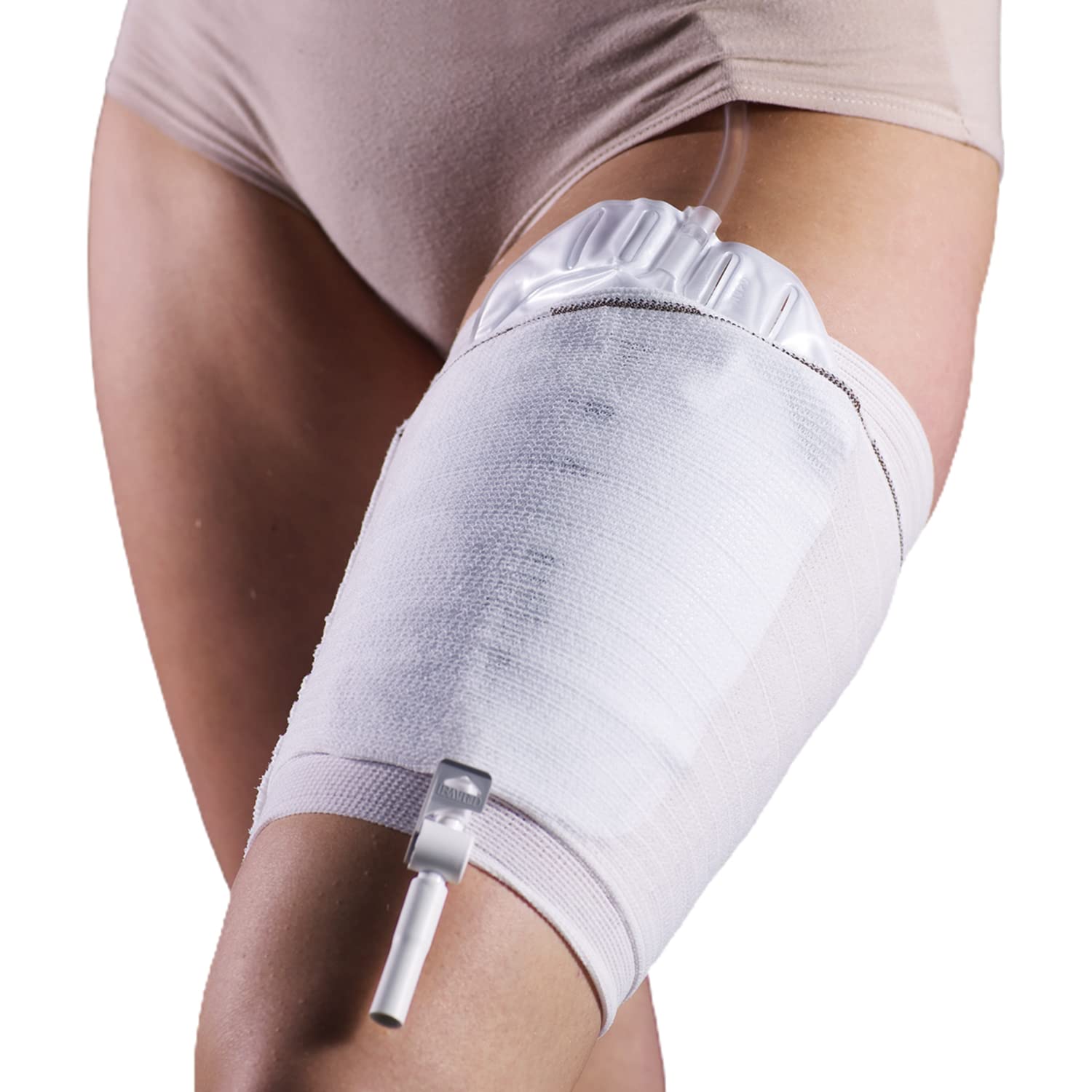 CAREFIX CarePocket leg bag holder on leg showing secure all day support