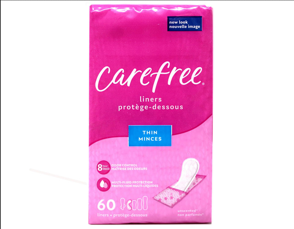 Carefree Acti-Fresh pantiliner featuring odor-control center for longer freshness.