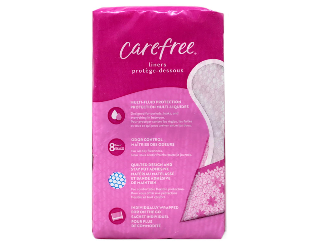 Carefree Acti-Fresh unscented pantiliner designed for sensitive skin and comfort.
