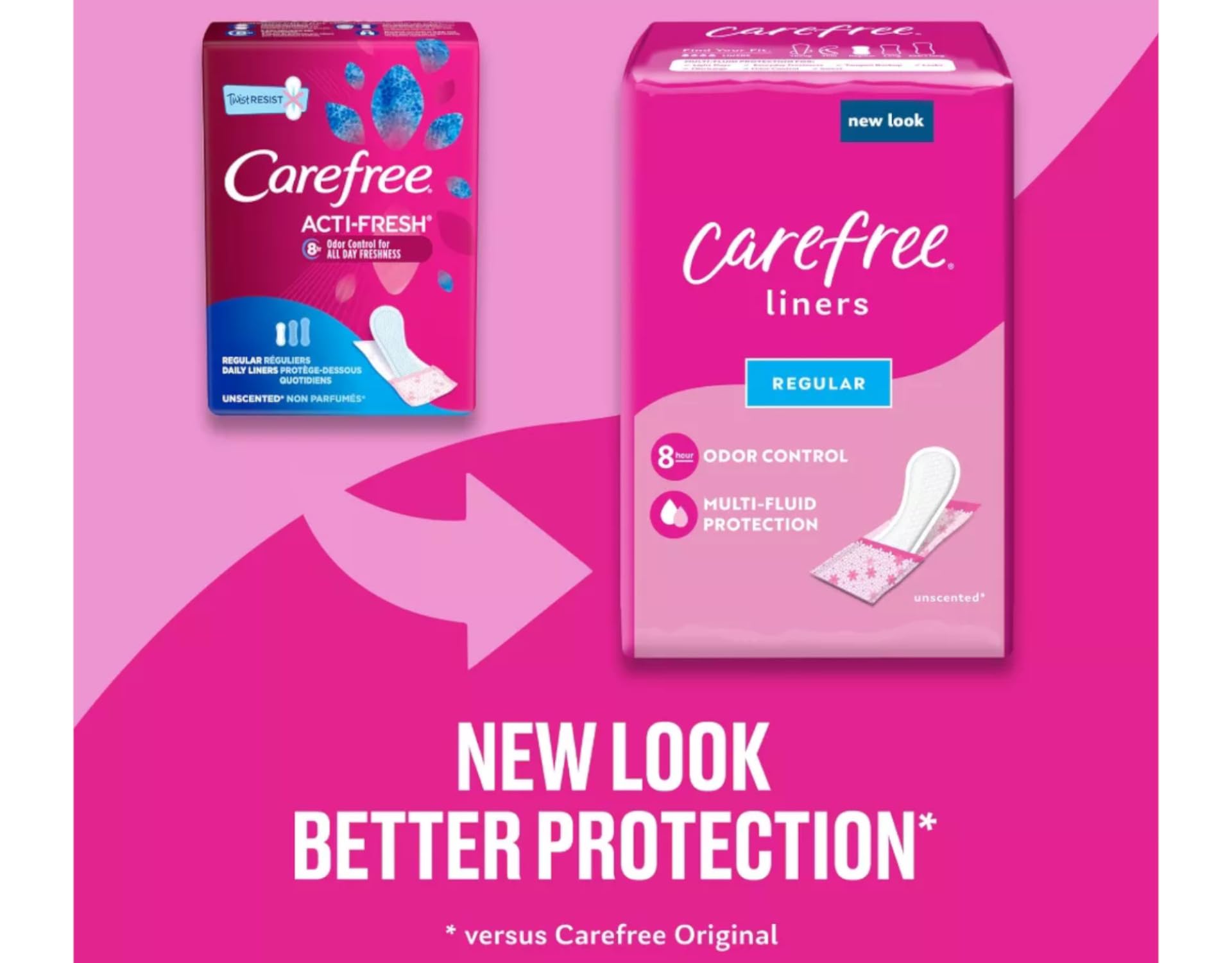 Carefree Acti-Fresh pantiliner front-pack shows 5-pack convenience for travel.
