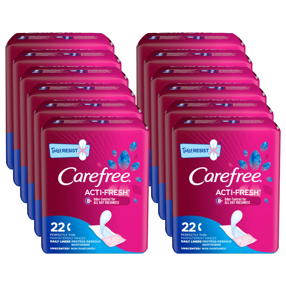Carefree Acti-Fresh unscented 22-count pack shown for daily protection