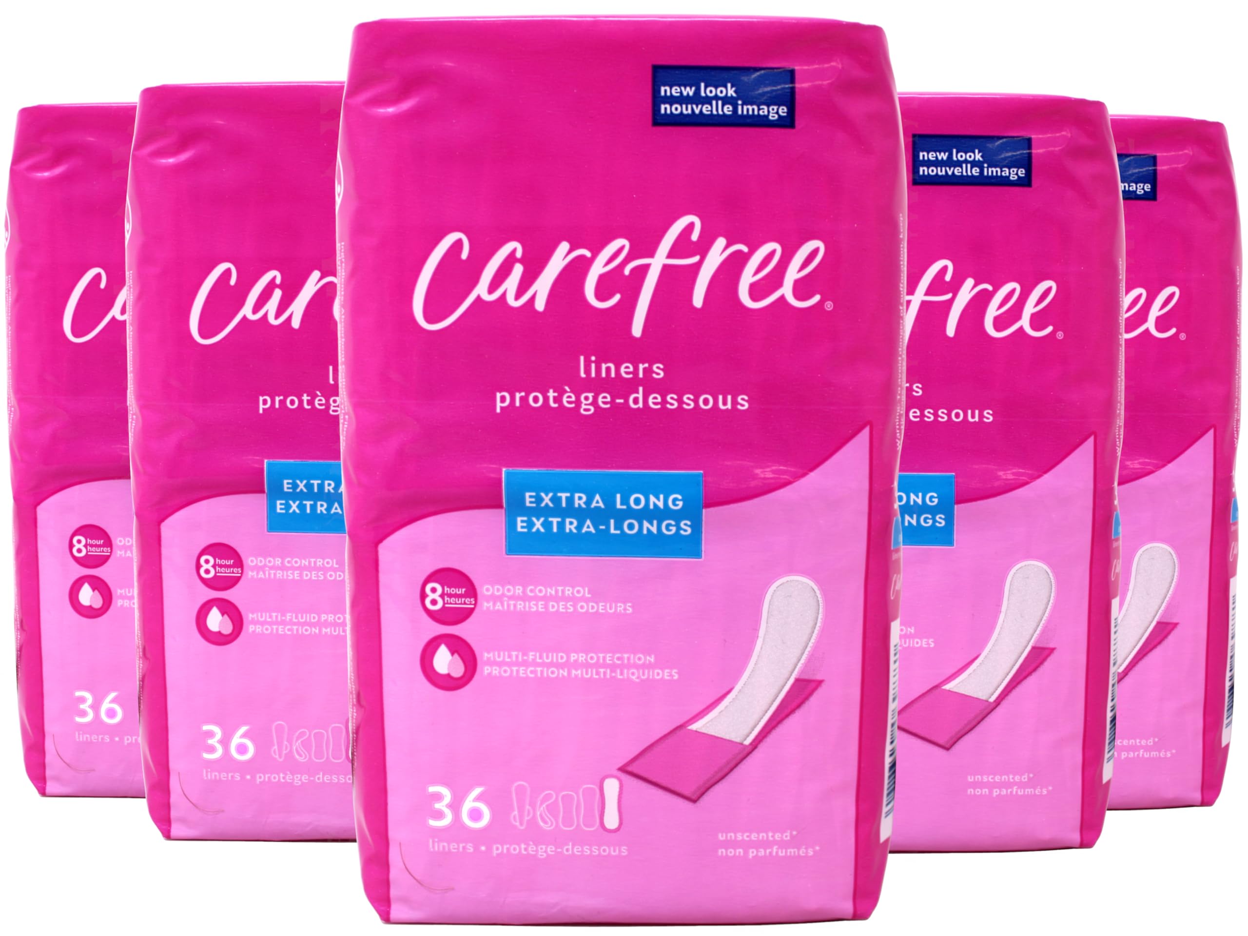 Carefree extra-long unscented panty liner packaging shows reliable daily protection