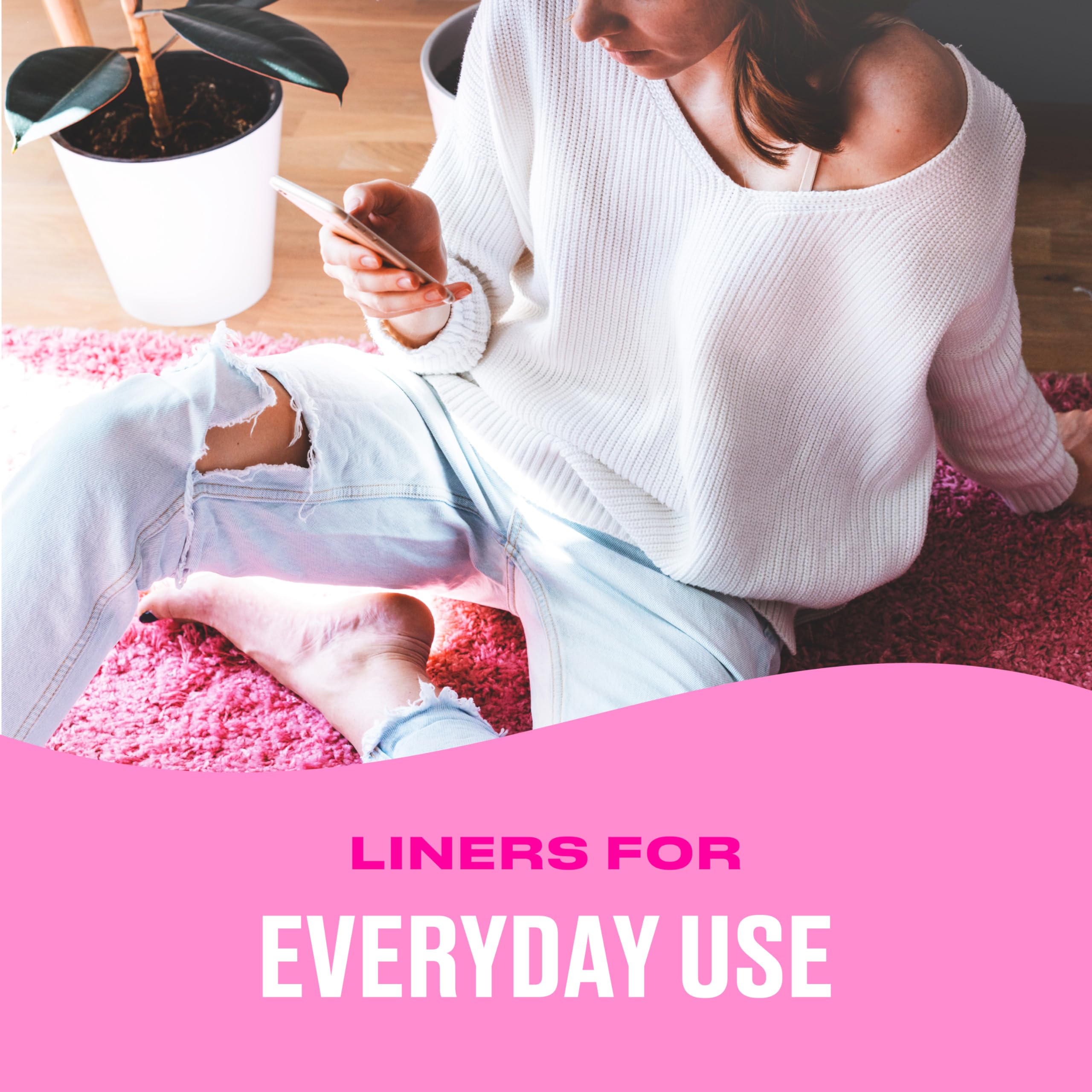 Carefree liner demonstrates discreet profile under thong underwear.