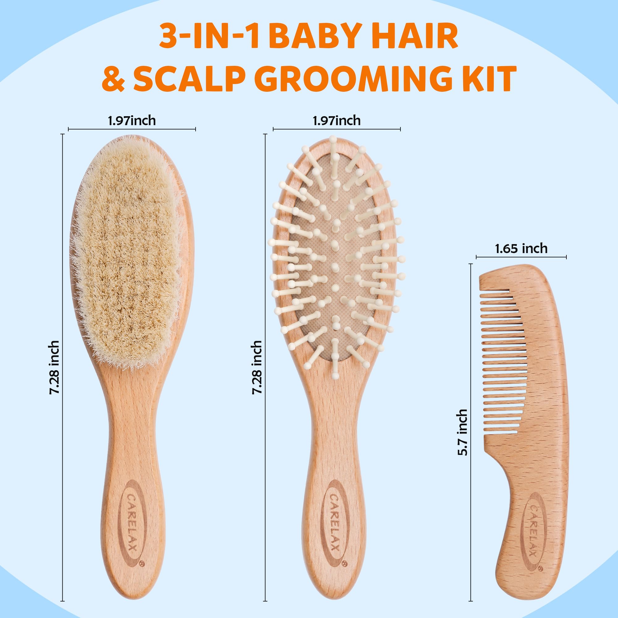 CARELAX anti-slip wooden handle provides secure, comfortable grip during grooming.