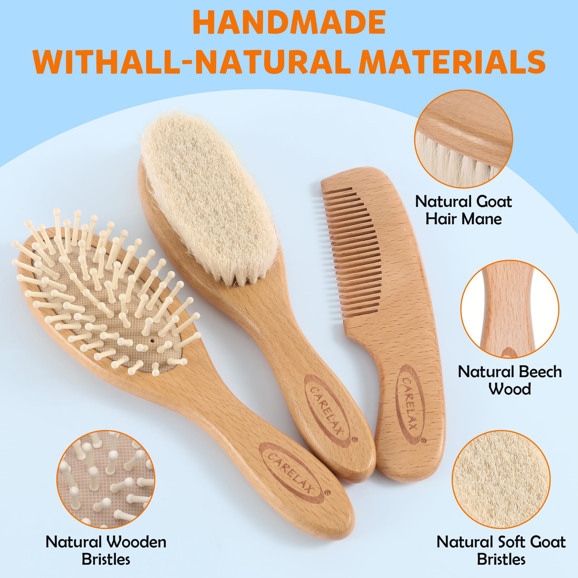 CARELAX wooden comb with ergonomic handle for safe, comfortable detangling.