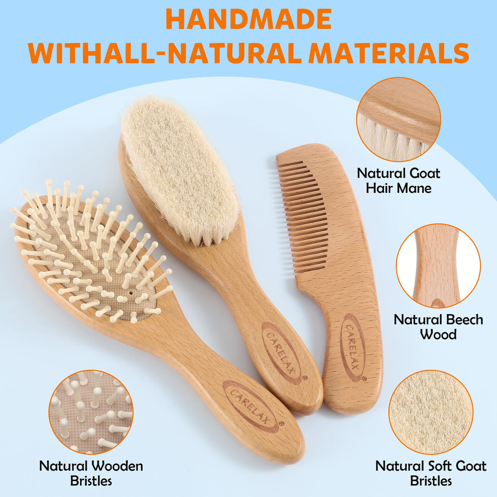 CARELAX wooden comb with ergonomic handle for safe, comfortable detangling.