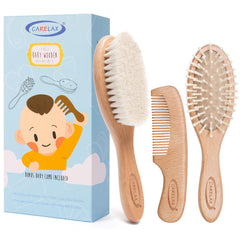 CARELAX baby hair brush with soft goat bristles for gentle scalp massage.