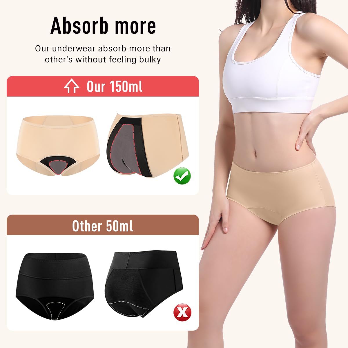 Carer breathable fabric underwear keeps odor and moisture away.